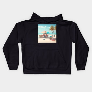 A vibrant beach scene with a bright blue sky, white sand, and a gentle breeze. Kids Hoodie